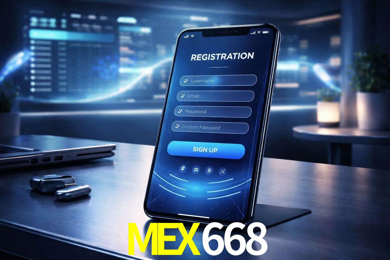 Una interfaz moderna de registro móvil para MEX668 mostrada en un smartphone con un panel de apuestas elegante.